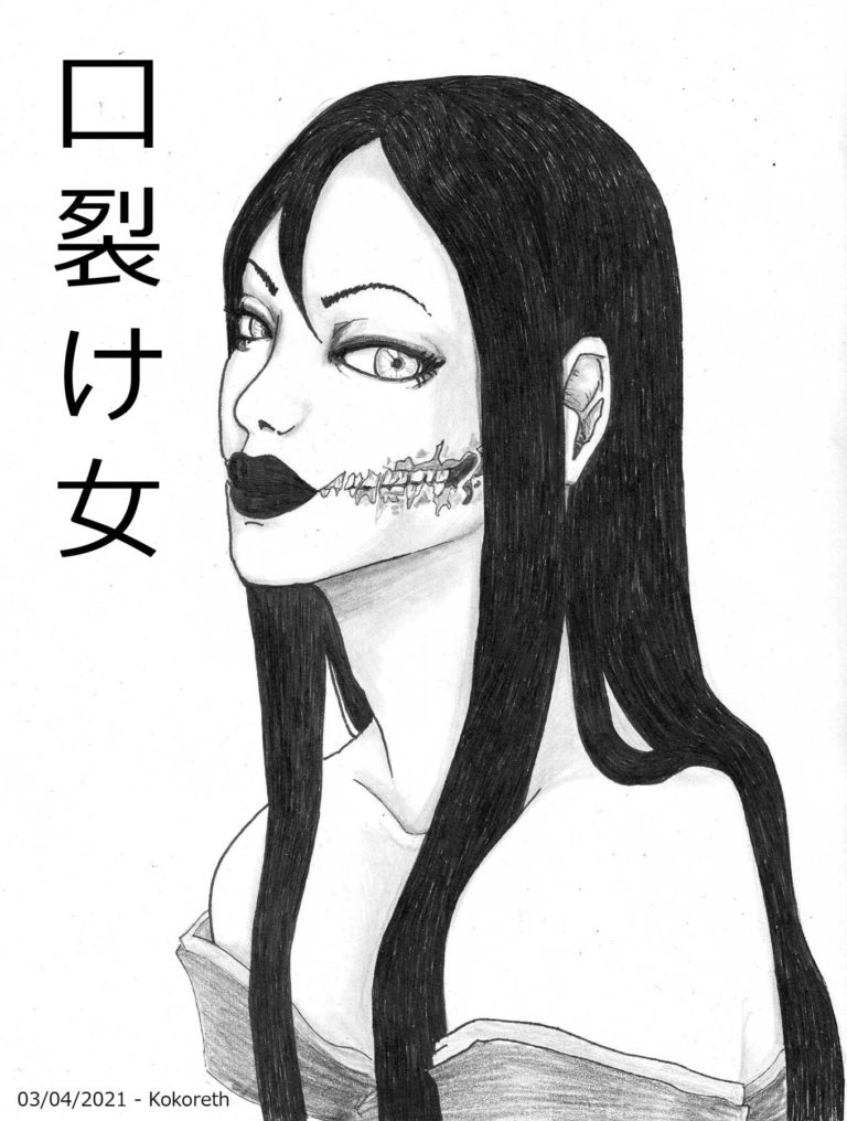 Dessin traditionnel du yökai la Kuchisake Onna : La femme à la bouche fendue - par kokoreth | yôkai