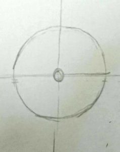 croquis d'un cercle coupé en 2 axes symétriques pour aider à placer l'iris. (Oeil en vue de face)