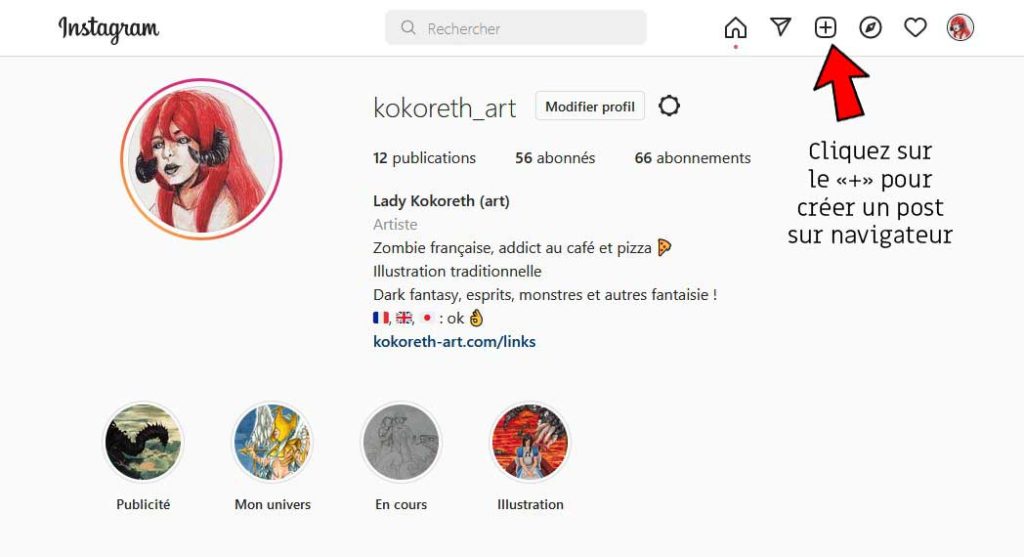 Capture d'écran de mon profil Instagram avec flèche montrant comment publier un post sur navigateur web